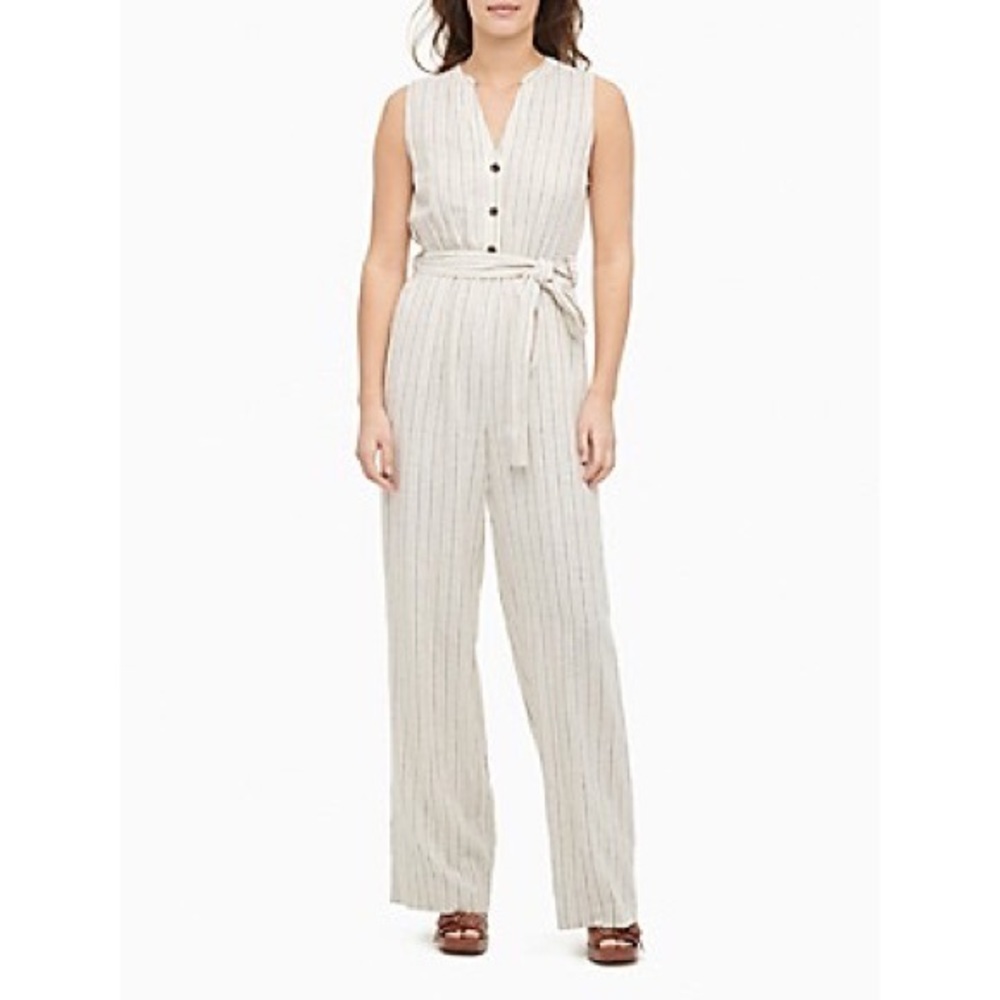 Calvin Klein Women 10 Beige Stripe Linen Blend Sleeveless V-Neck Belted Jumpsuit